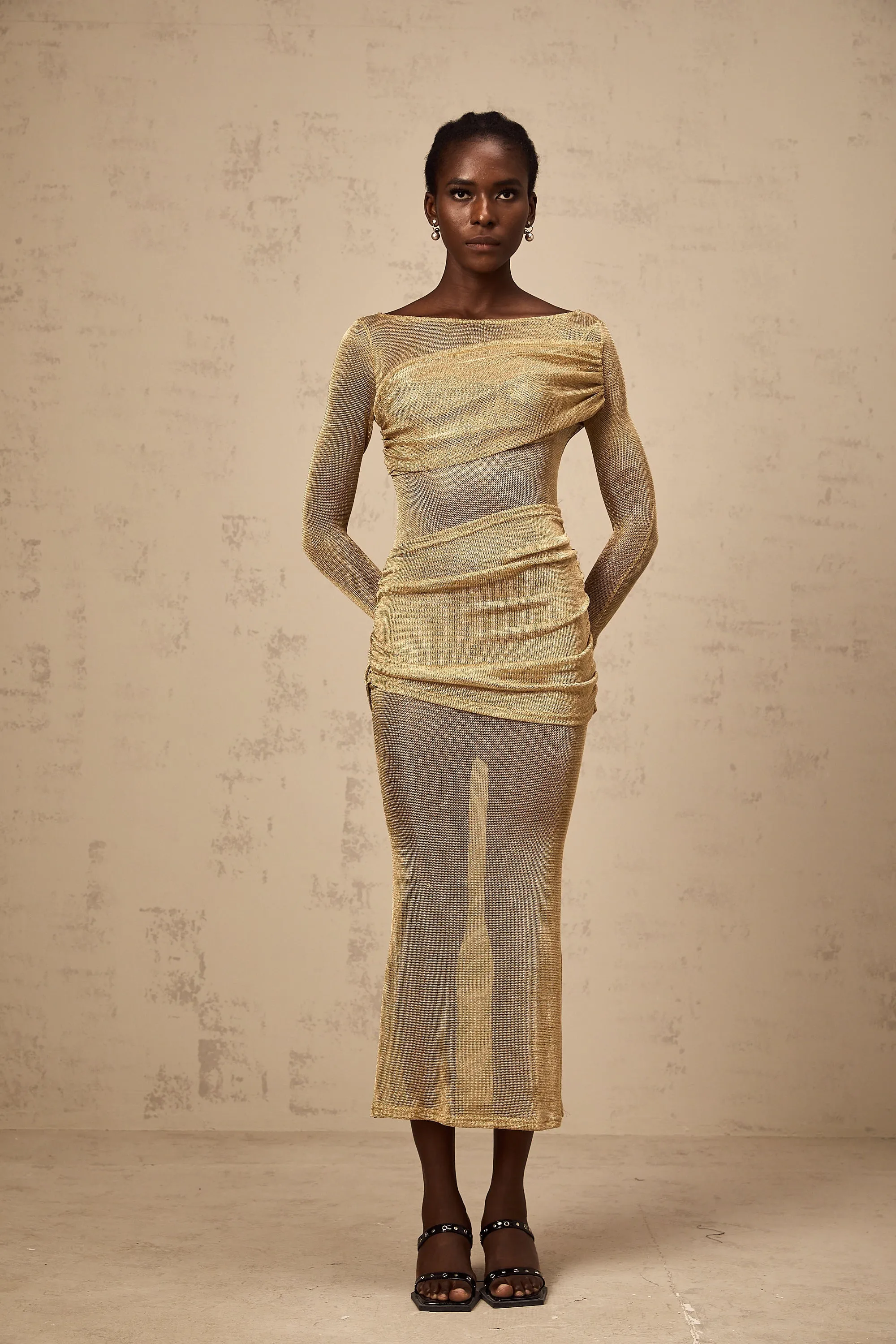 Aline gold smocked metallic midi dress