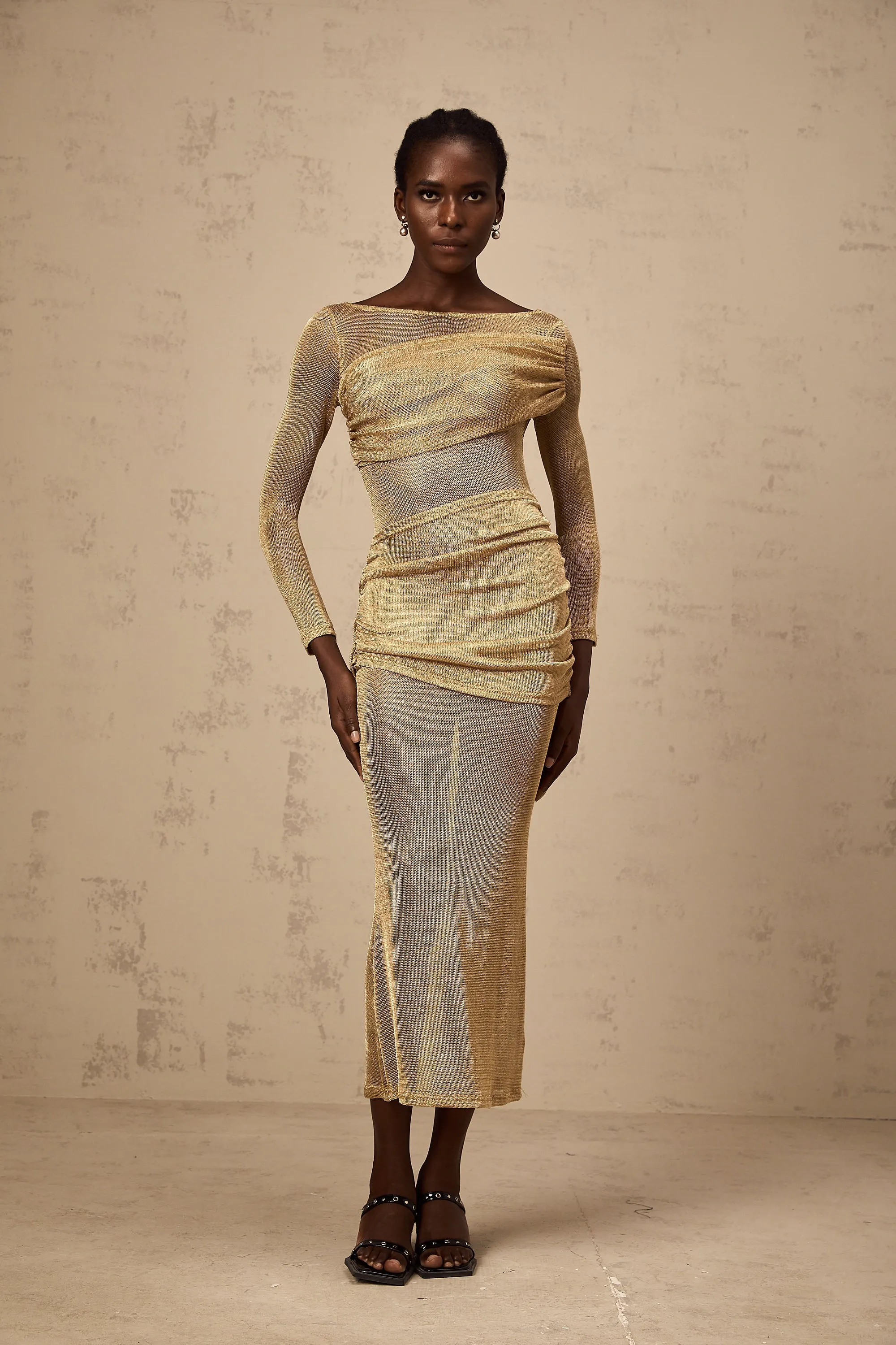 Aline gold smocked metallic midi dress