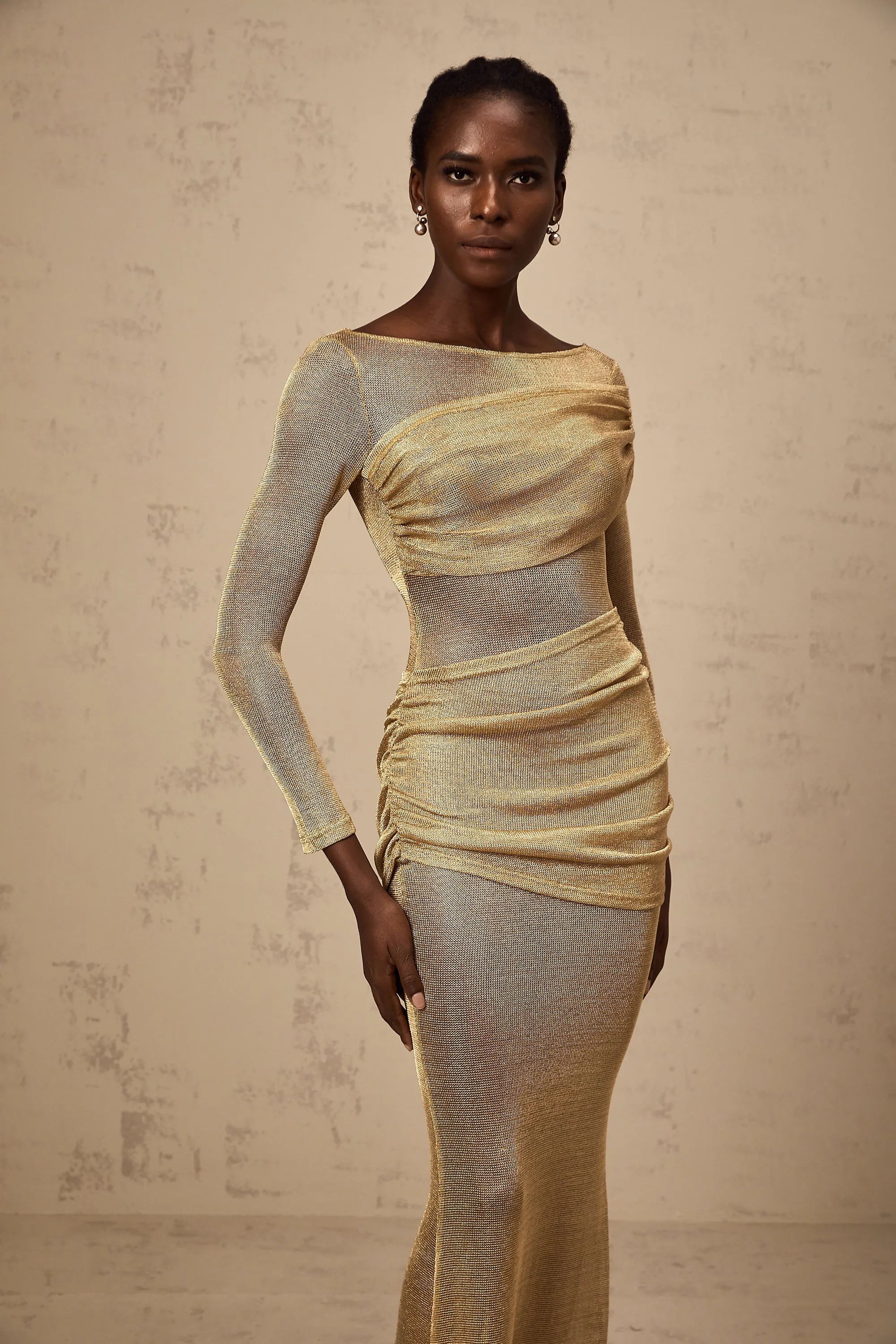 Aline gold smocked metallic midi dress