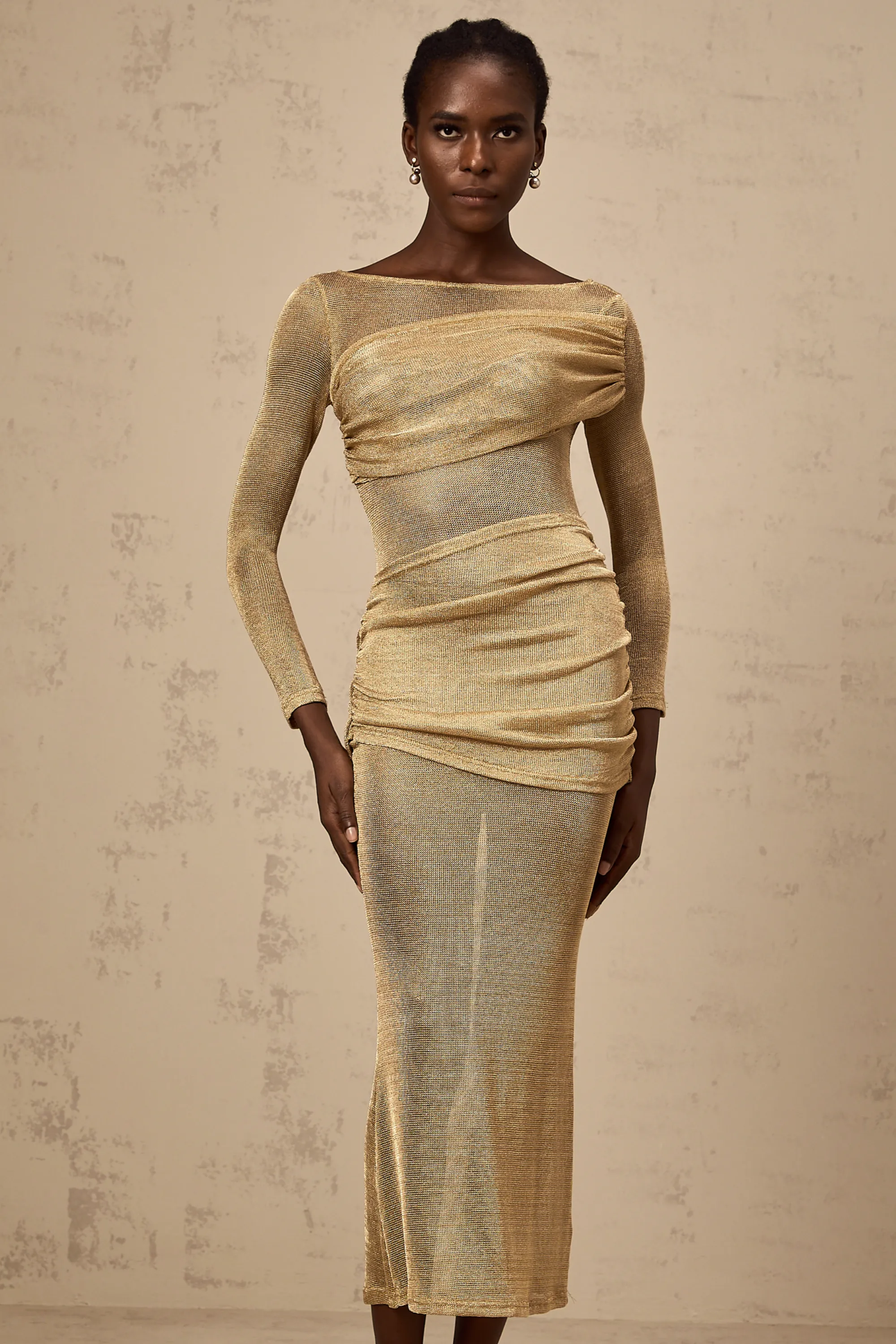 Aline gold smocked metallic midi dress