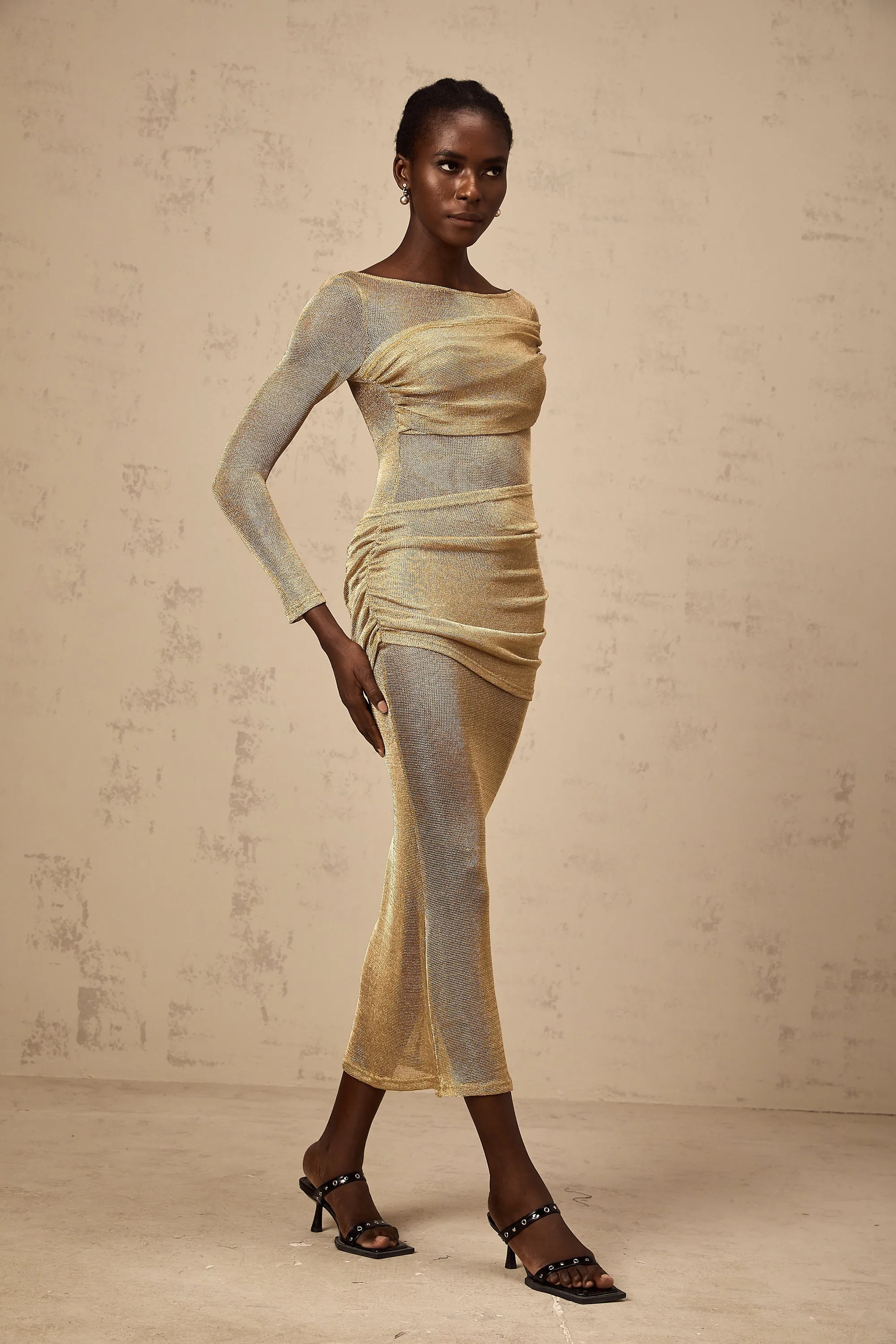 Aline gold smocked metallic midi dress