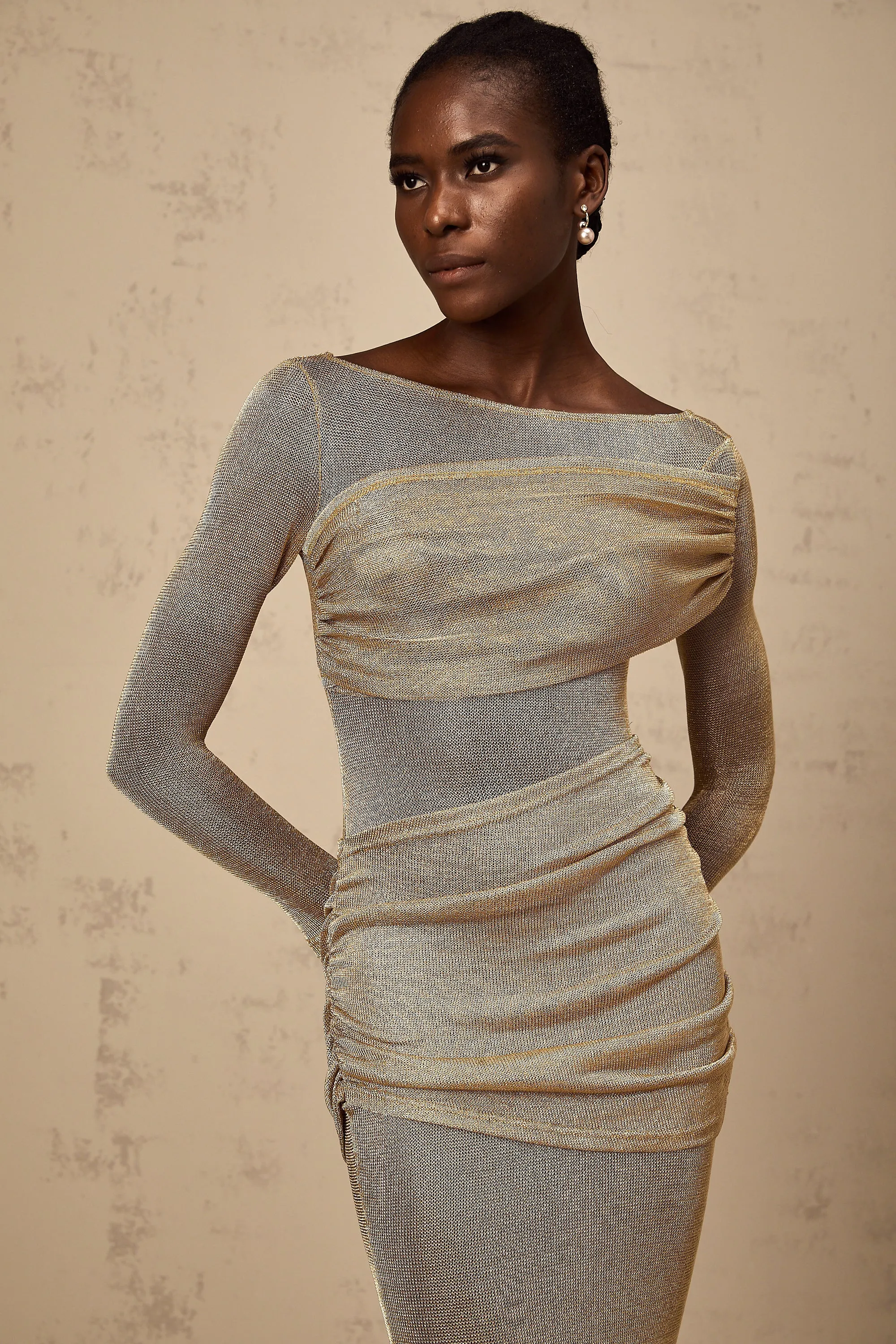 Aline gold smocked metallic midi dress