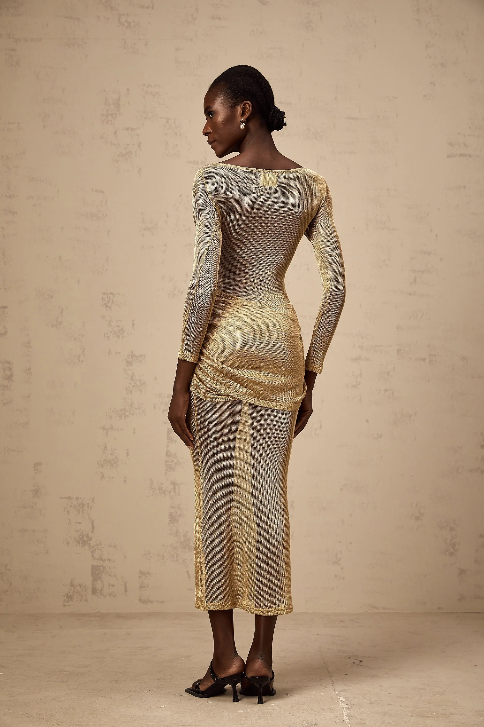 Aline gold smocked metallic midi dress