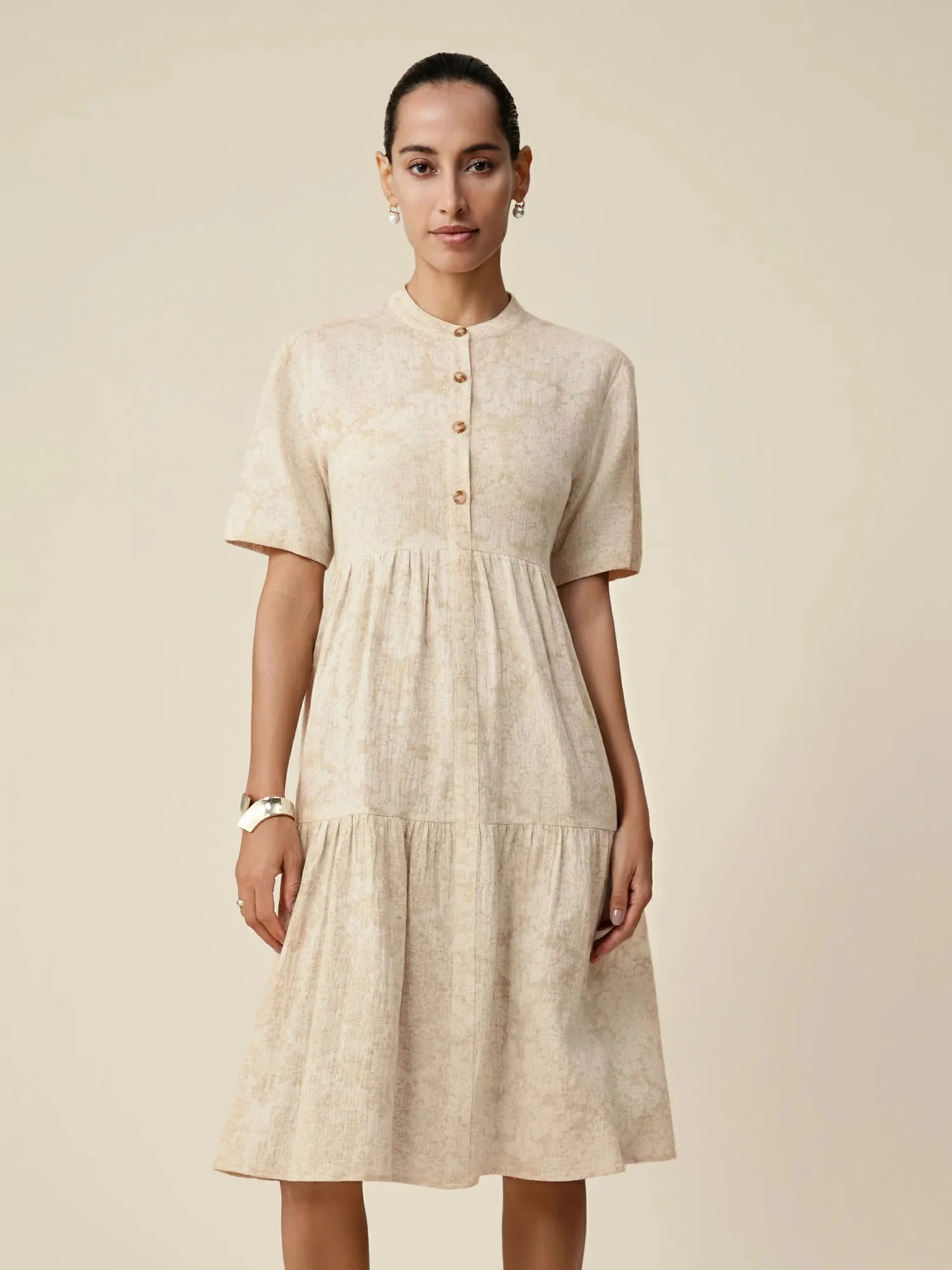 Amoretu Cotton & Linen Stand Collar Short Sleeve Loose Ruffle Dress