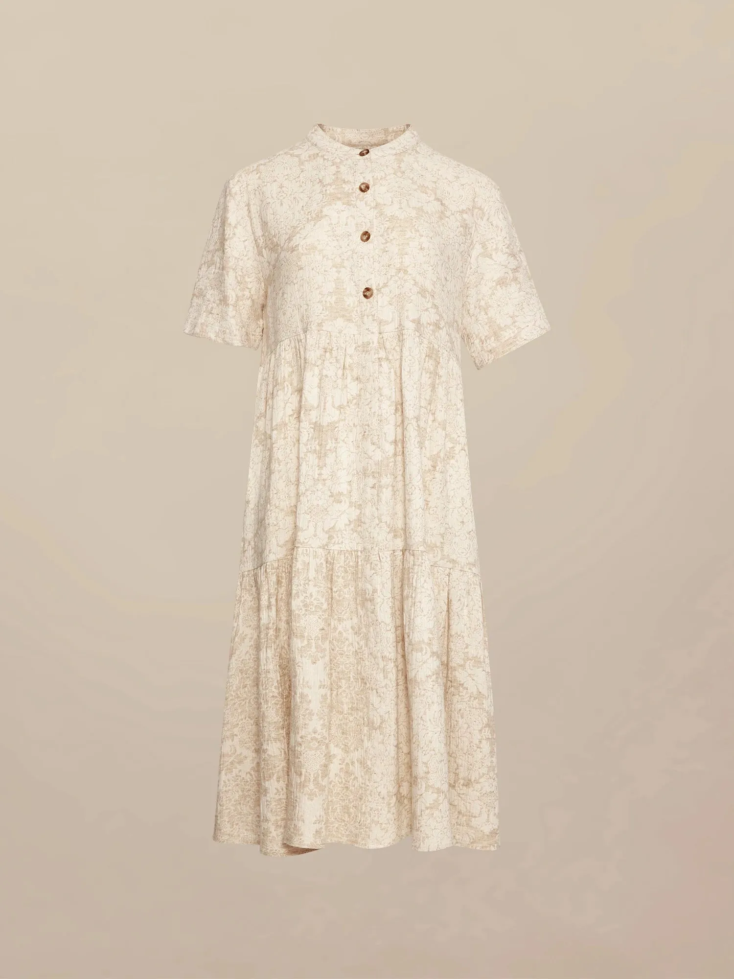 Amoretu Cotton & Linen Stand Collar Short Sleeve Loose Ruffle Dress