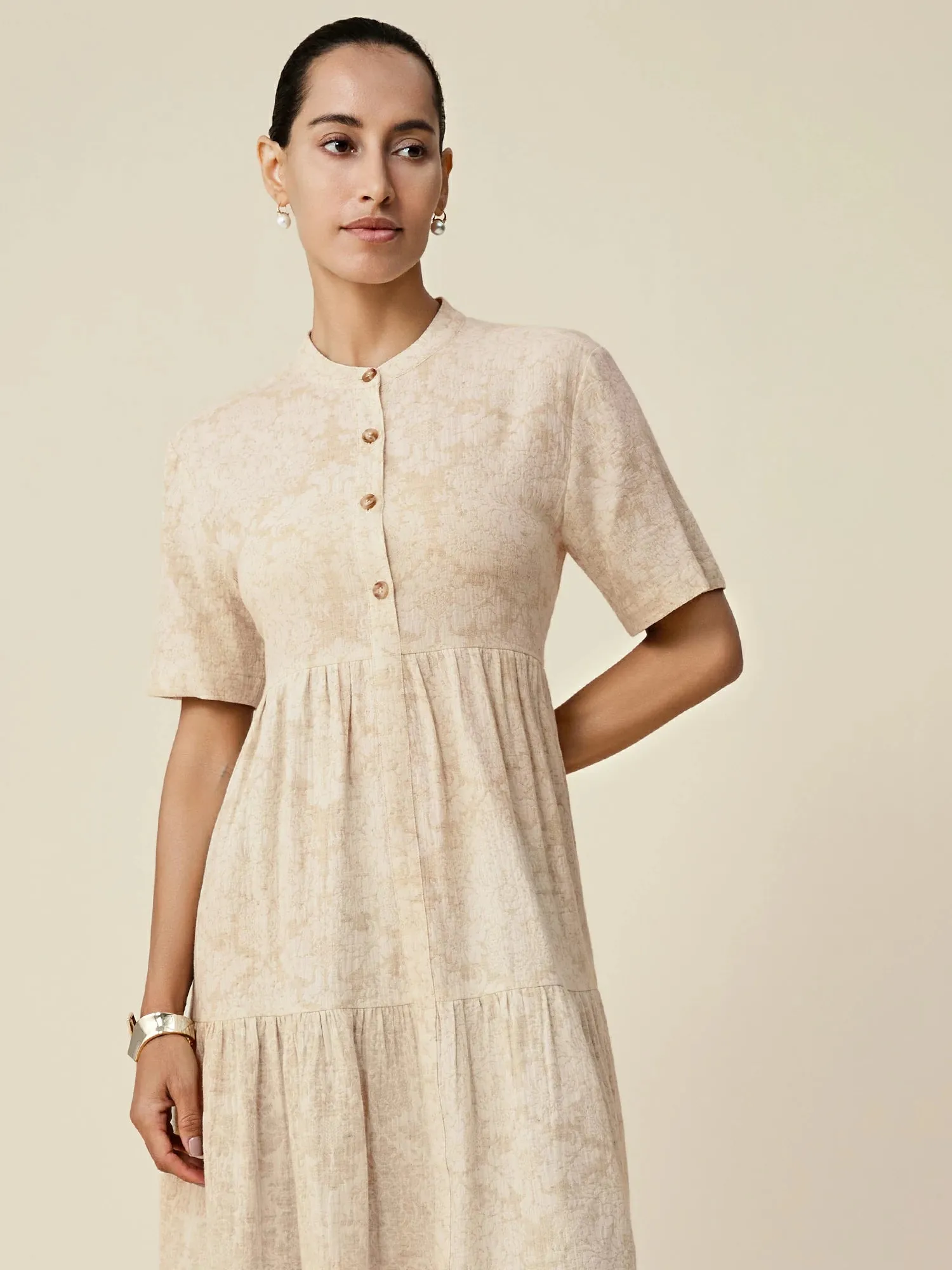 Amoretu Cotton & Linen Stand Collar Short Sleeve Loose Ruffle Dress