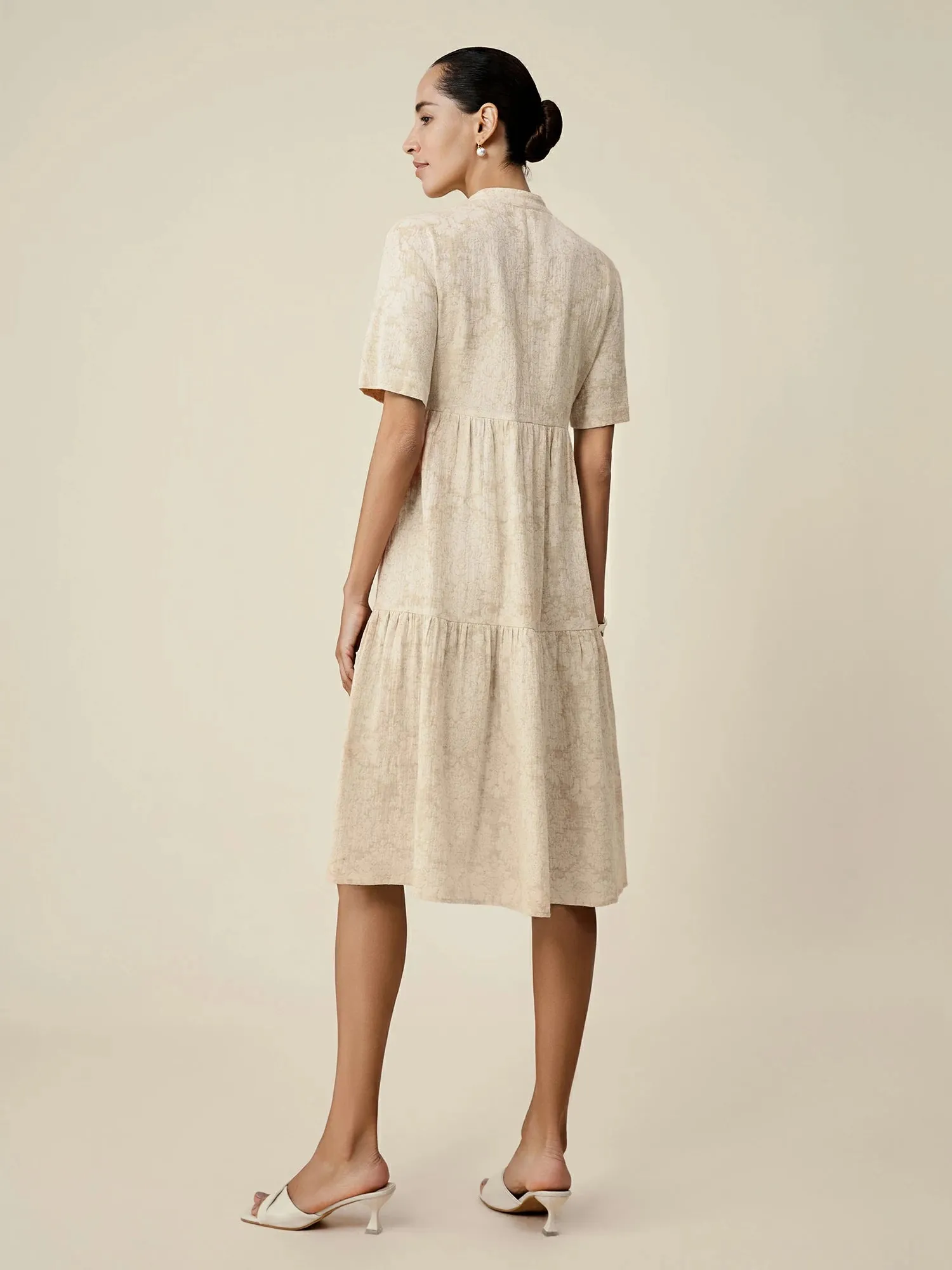 Amoretu Cotton & Linen Stand Collar Short Sleeve Loose Ruffle Dress