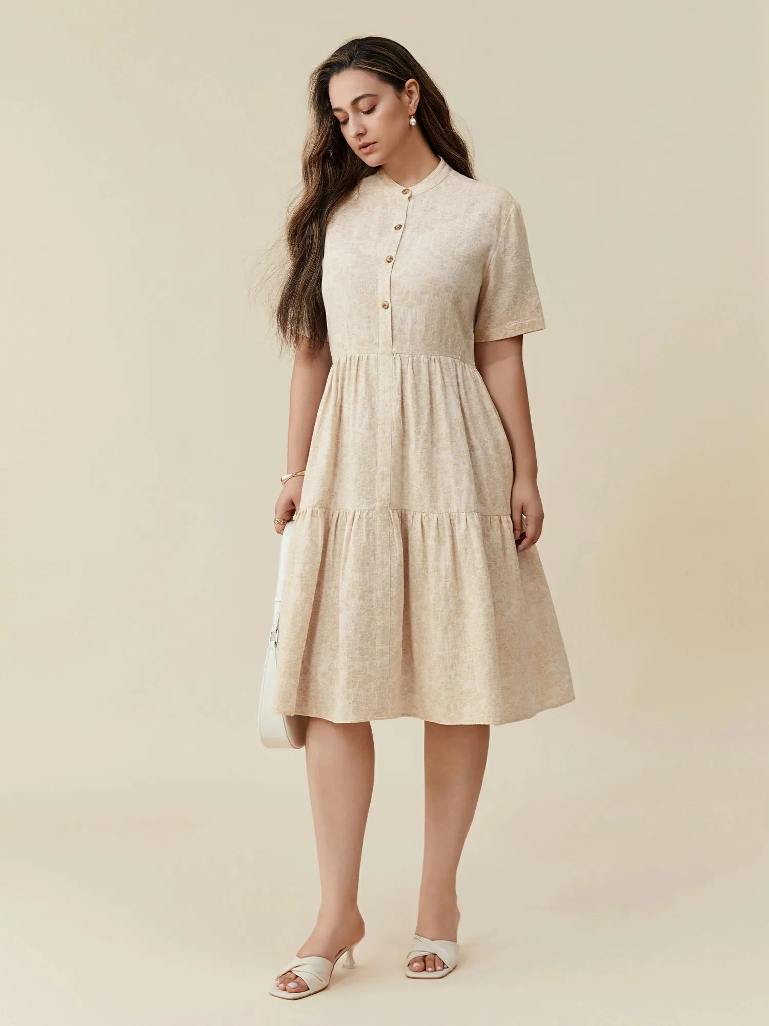 Amoretu Cotton & Linen Stand Collar Short Sleeve Loose Ruffle Dress