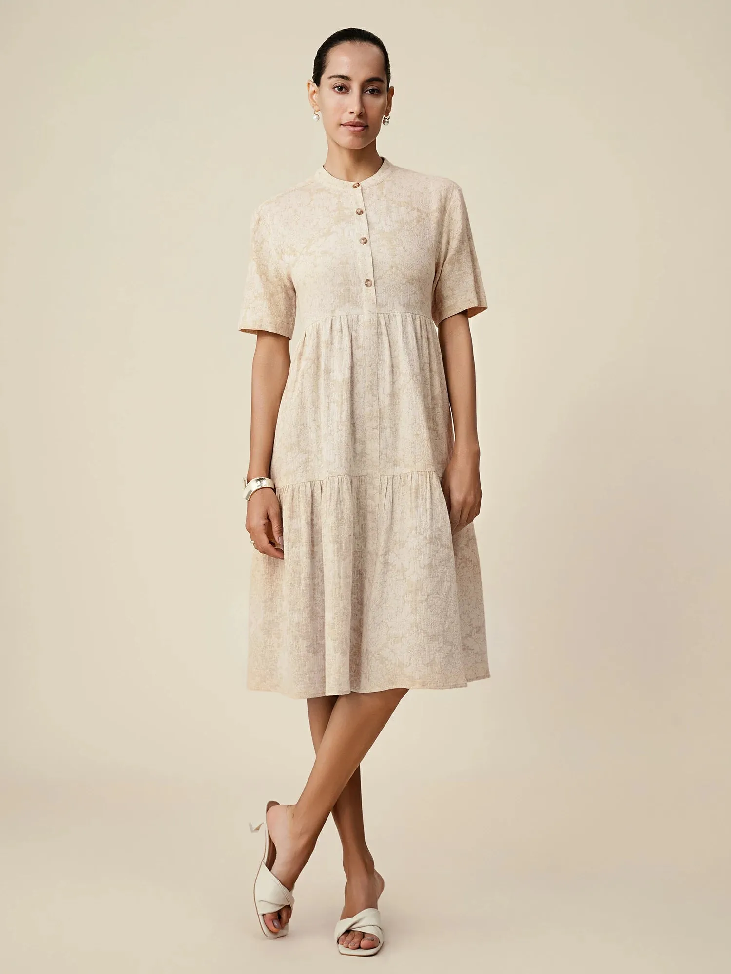 Amoretu Cotton & Linen Stand Collar Short Sleeve Loose Ruffle Dress