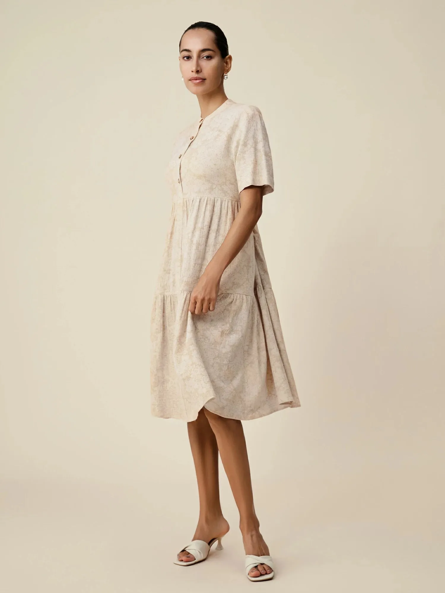 Amoretu Cotton & Linen Stand Collar Short Sleeve Loose Ruffle Dress