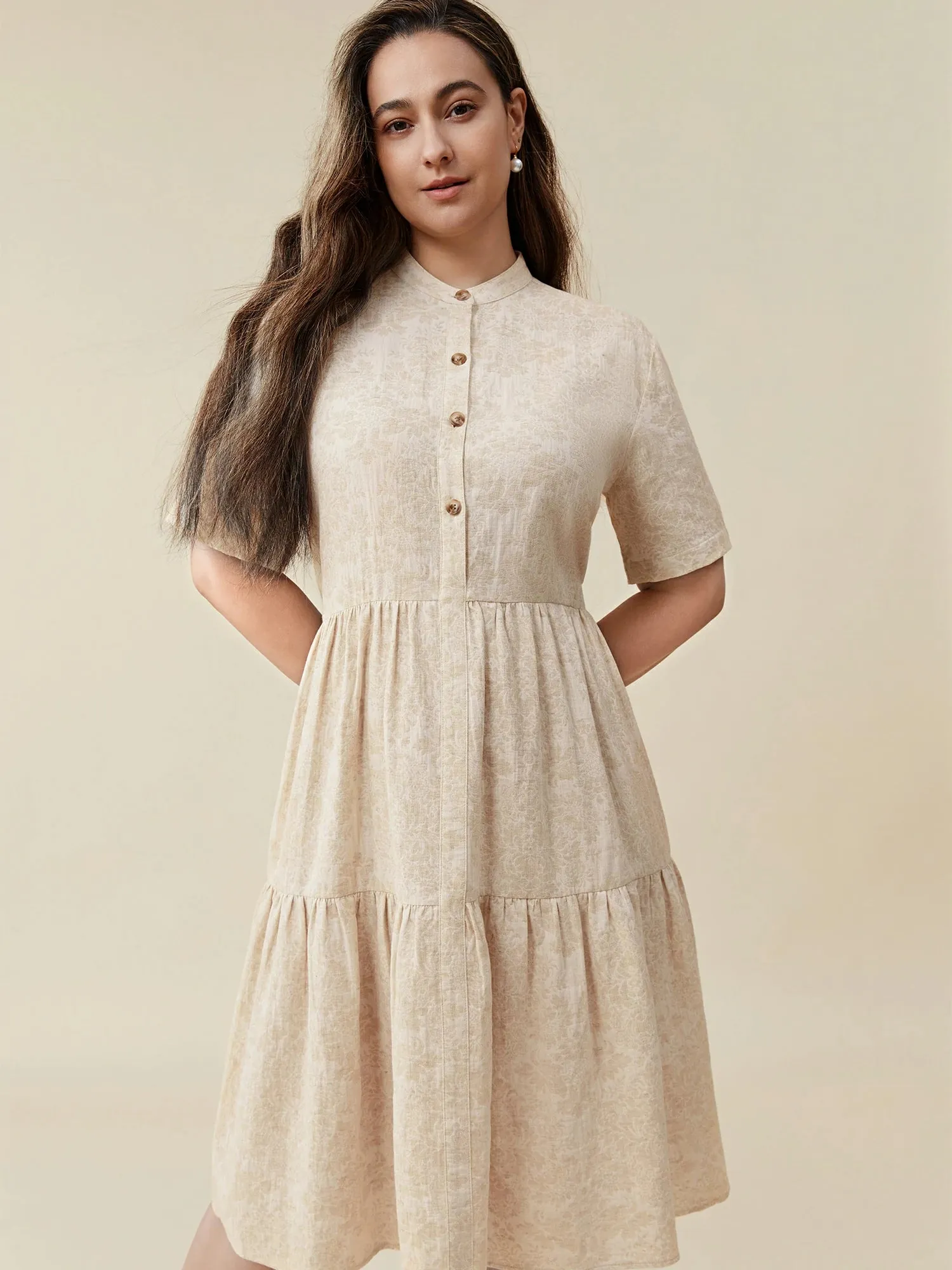 Amoretu Cotton & Linen Stand Collar Short Sleeve Loose Ruffle Dress