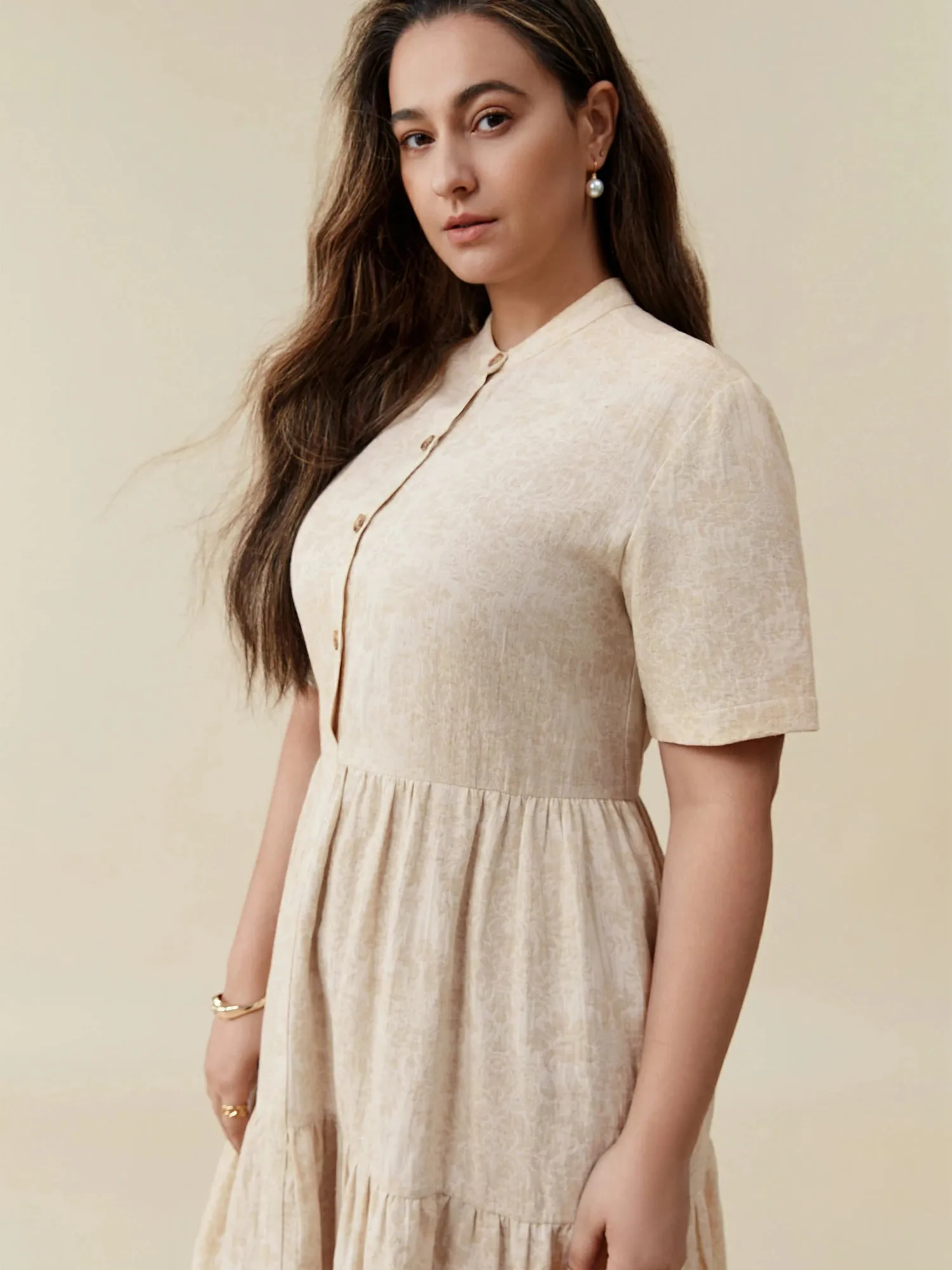 Amoretu Cotton & Linen Stand Collar Short Sleeve Loose Ruffle Dress