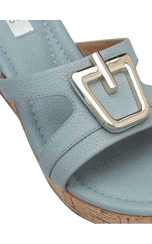 Blue Leather Wedges With Buckle