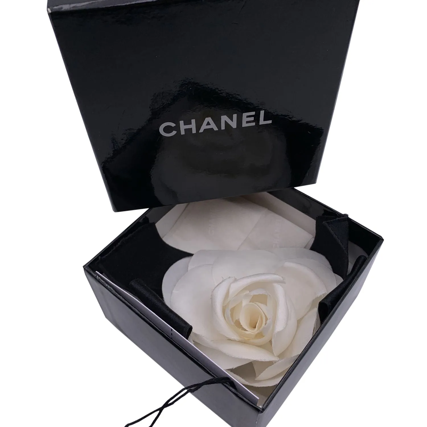 Chanel Vintage White Silk Black Satin Bow Camellia Camelia Brooch