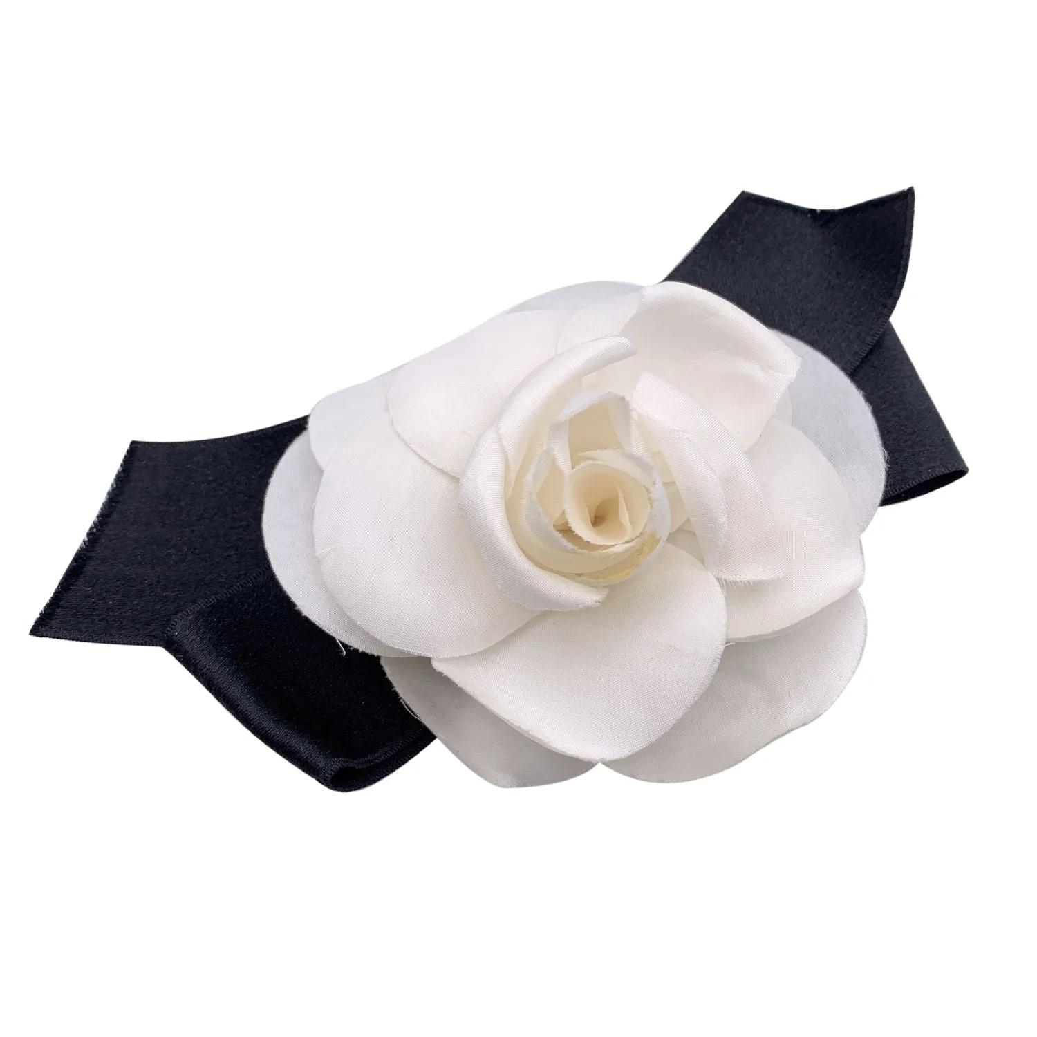 Chanel Vintage White Silk Black Satin Bow Camellia Camelia Brooch
