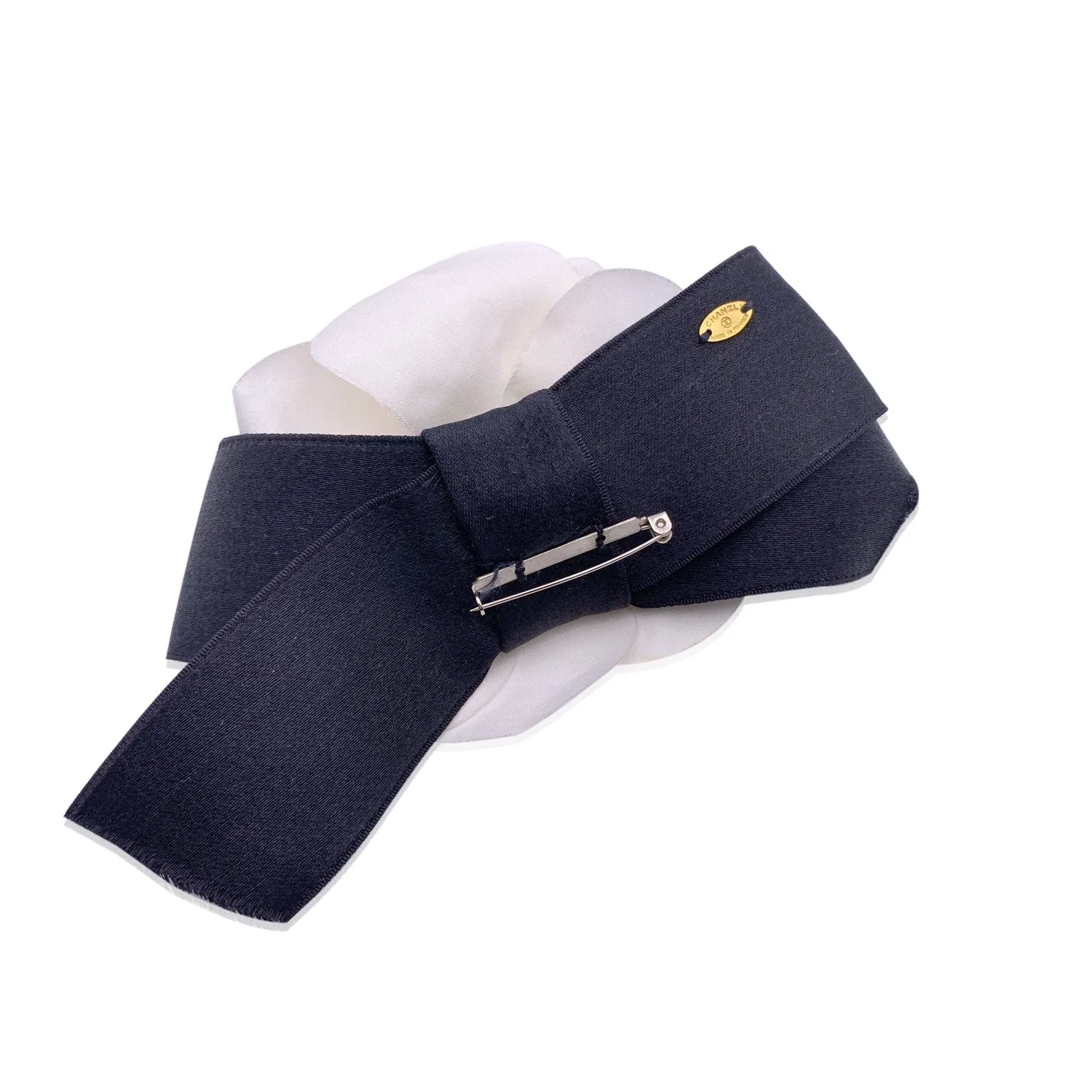 Chanel Vintage White Silk Black Satin Bow Camellia Camelia Brooch