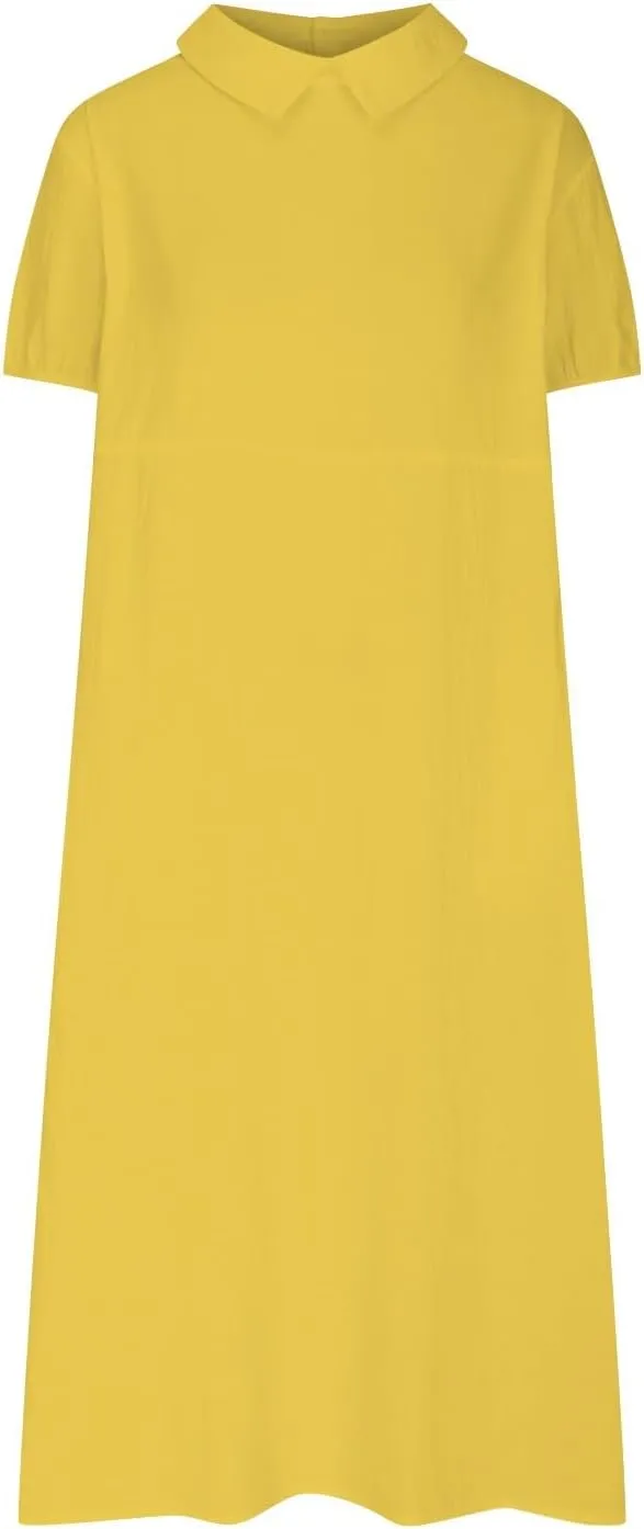 Cotton Linen Long Dress for Women Lapel Neck Short Sleeve Midi Dress Plus Size Maxi Dresses Beach Vacation Sundresses
