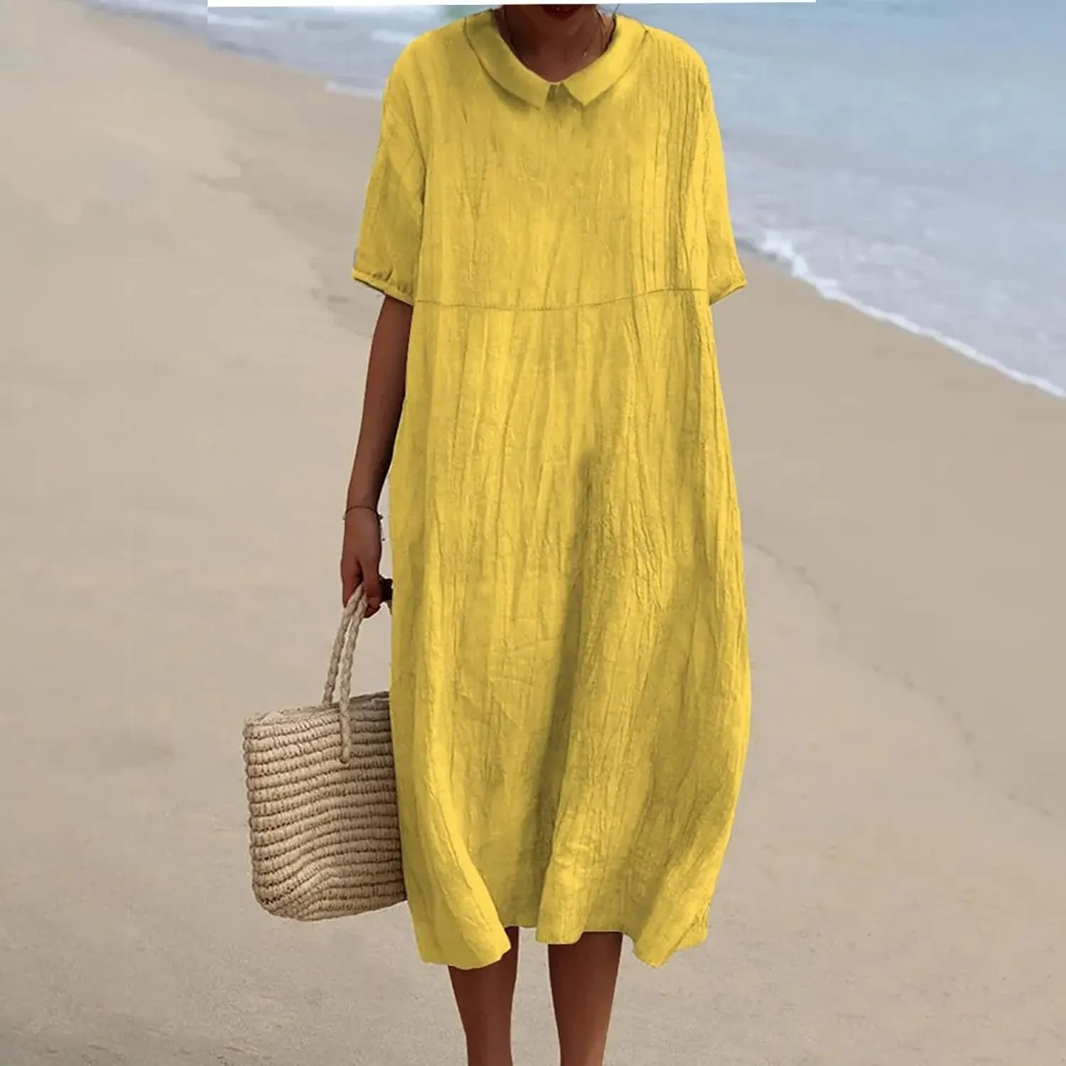 Cotton Linen Long Dress for Women Lapel Neck Short Sleeve Midi Dress Plus Size Maxi Dresses Beach Vacation Sundresses