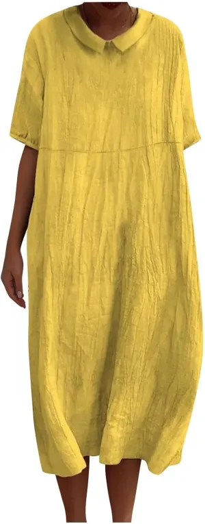 Cotton Linen Long Dress for Women Lapel Neck Short Sleeve Midi Dress Plus Size Maxi Dresses Beach Vacation Sundresses