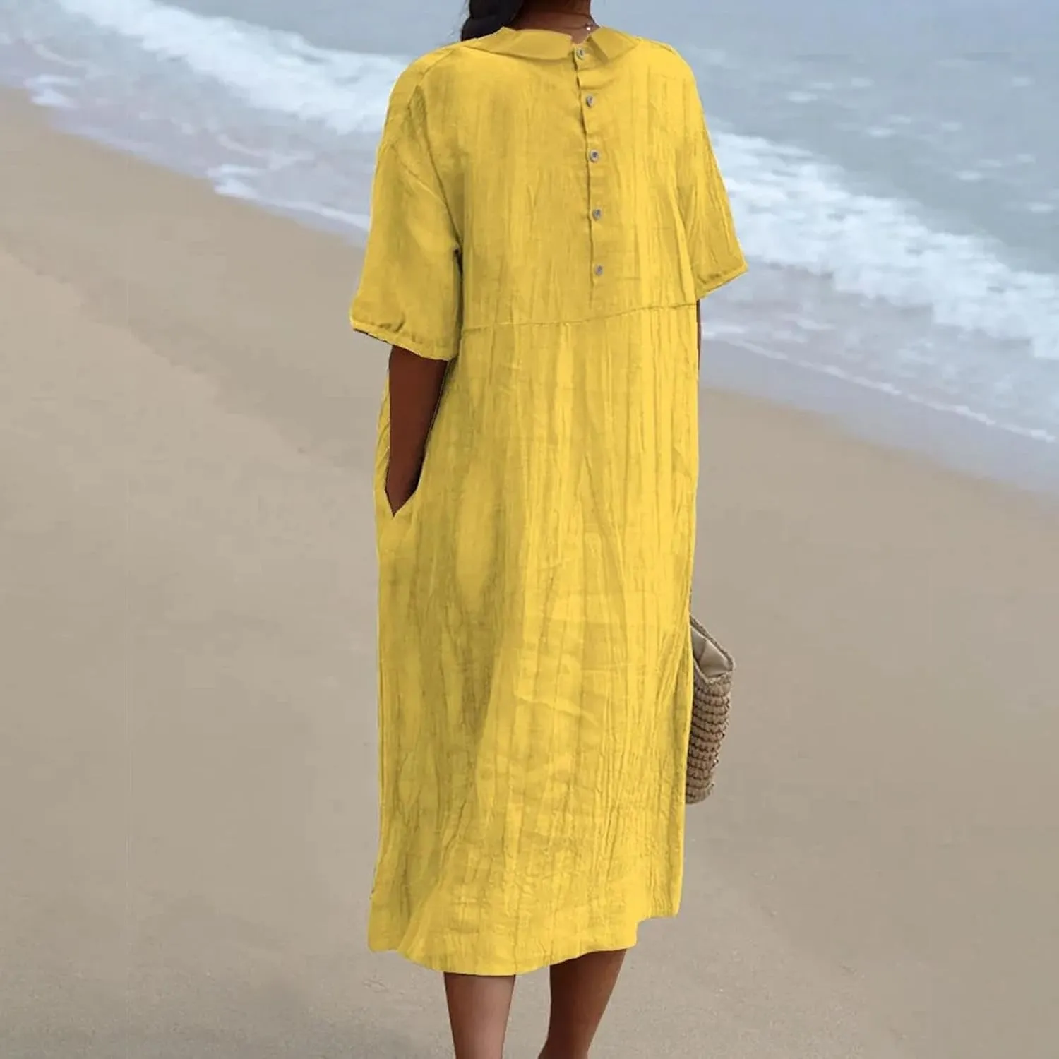 Cotton Linen Long Dress for Women Lapel Neck Short Sleeve Midi Dress Plus Size Maxi Dresses Beach Vacation Sundresses