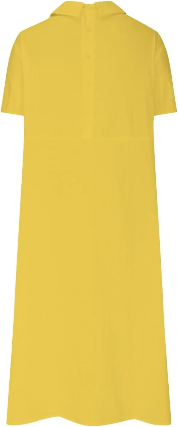Cotton Linen Long Dress for Women Lapel Neck Short Sleeve Midi Dress Plus Size Maxi Dresses Beach Vacation Sundresses