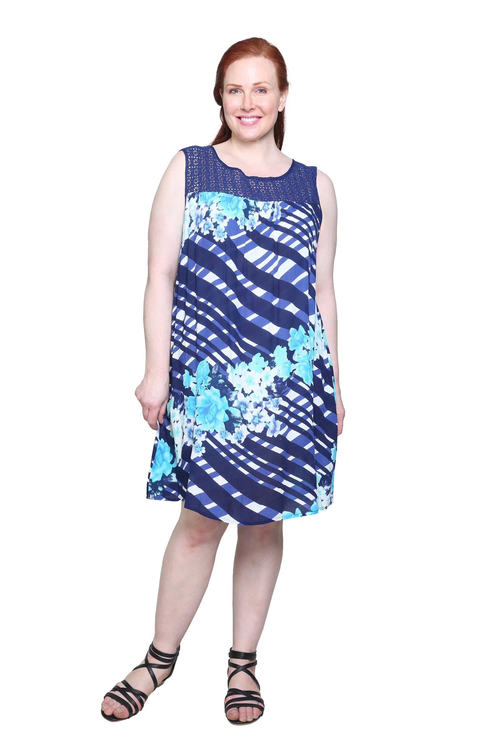 Crochet Yoke Geometrical Print Dress