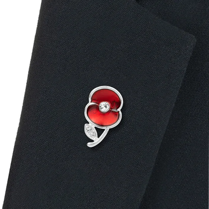 Crystal Leaf Silver Tone Poppy Pin