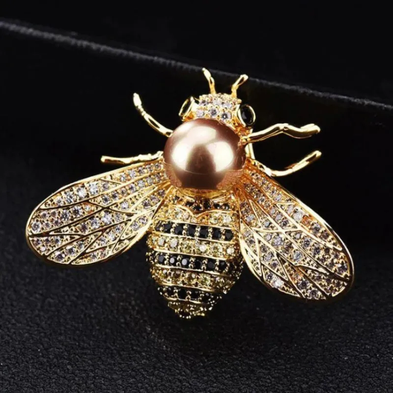 Delicate Rhinestone Bejeweled Honey Bee Pearl Brooch Pins