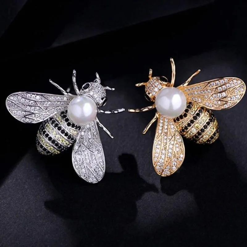 Delicate Rhinestone Bejeweled Honey Bee Pearl Brooch Pins