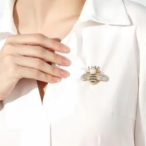 Delicate Rhinestone Bejeweled Honey Bee Pearl Brooch Pins