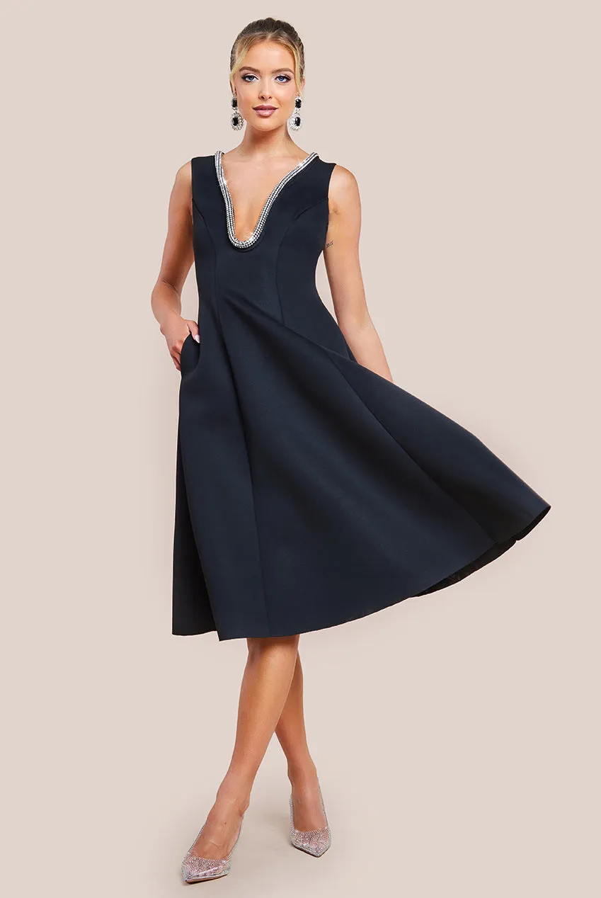 Diamante Embellished Neck A-Line Midi Dress - Black by Goddiva