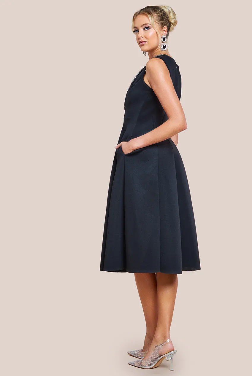 Diamante Embellished Neck A-Line Midi Dress - Black by Goddiva