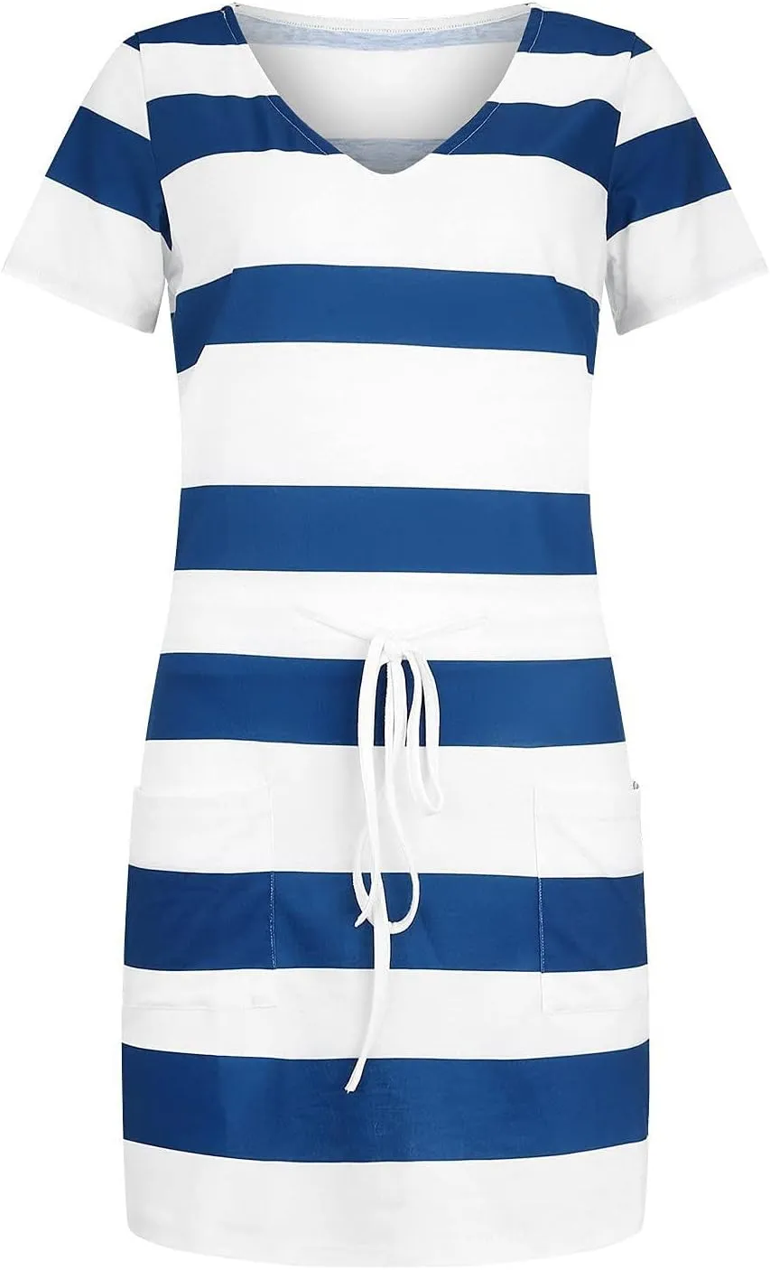 FONMA Dress for Women 2024 Summer Casual Loose V Neck Mini Sundress Fashion Striped Drawstring T Shirt Dress with Pockets