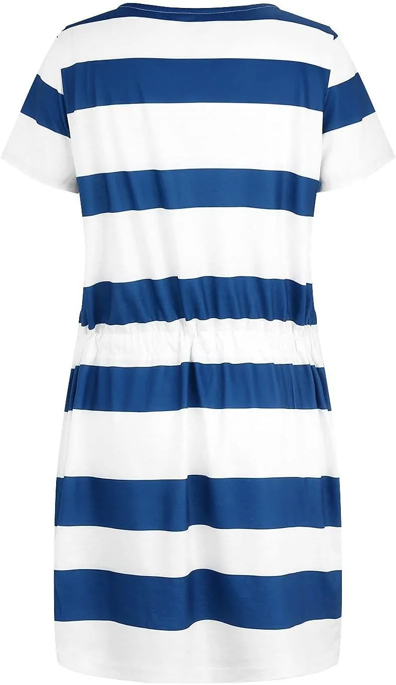FONMA Dress for Women 2024 Summer Casual Loose V Neck Mini Sundress Fashion Striped Drawstring T Shirt Dress with Pockets