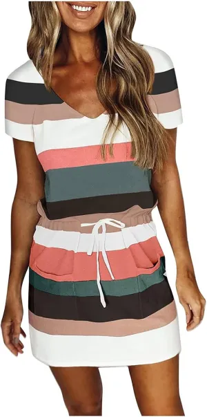 FONMA Dress for Women 2024 Summer Casual Loose V Neck Mini Sundress Fashion Striped Drawstring T Shirt Dress with Pockets