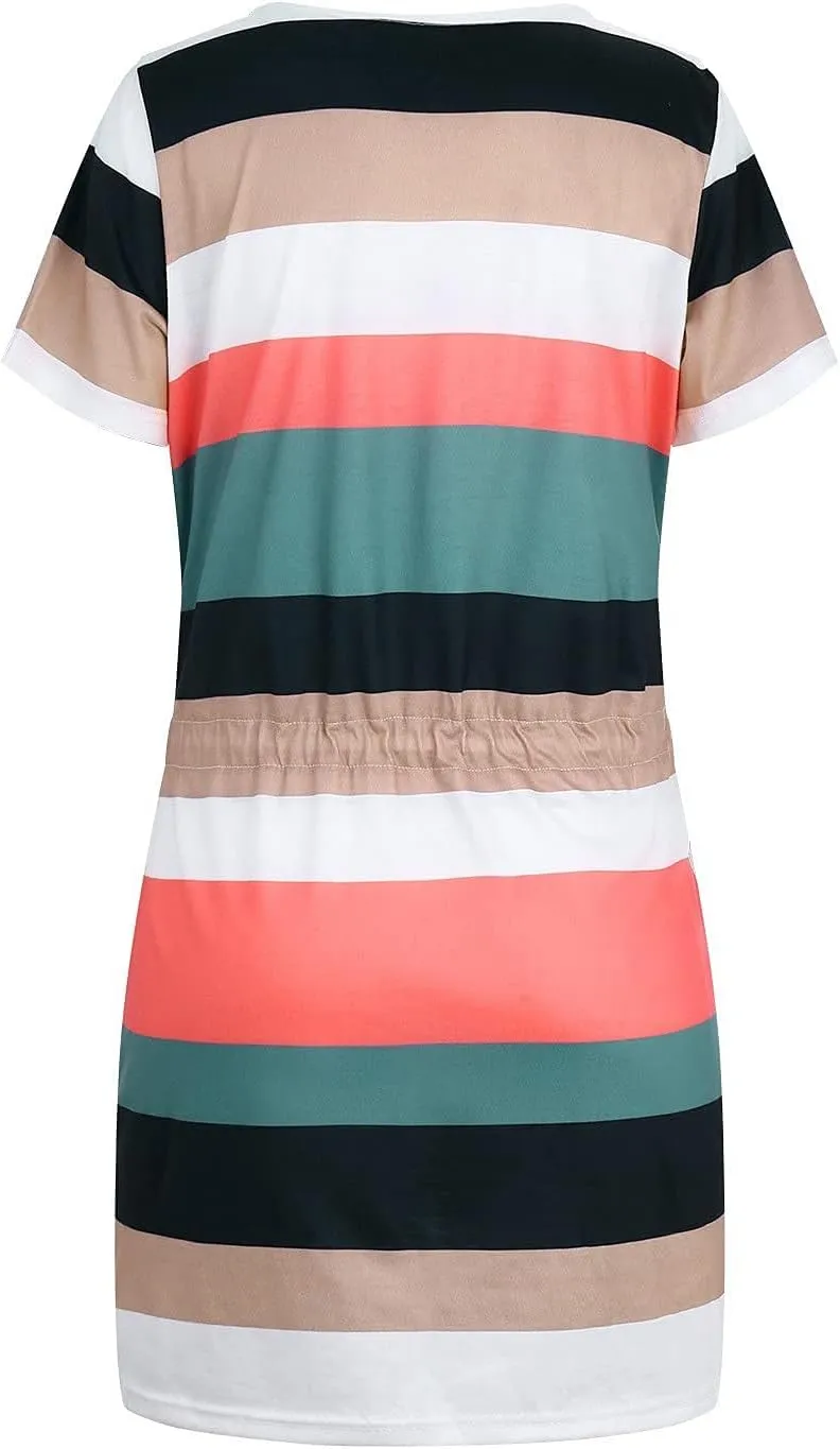 FONMA Dress for Women 2024 Summer Casual Loose V Neck Mini Sundress Fashion Striped Drawstring T Shirt Dress with Pockets