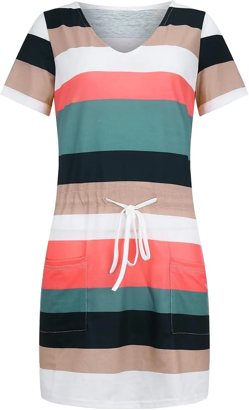 FONMA Dress for Women 2024 Summer Casual Loose V Neck Mini Sundress Fashion Striped Drawstring T Shirt Dress with Pockets