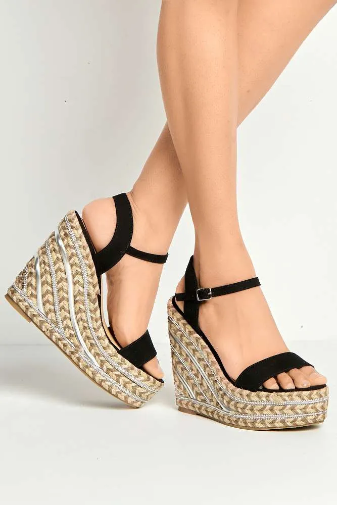 Imani Diamante Detailed Anklestrap Wedges in Black