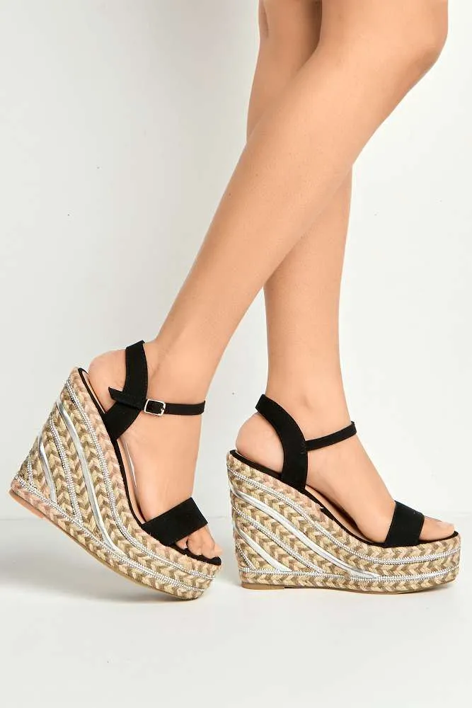 Imani Diamante Detailed Anklestrap Wedges in Black