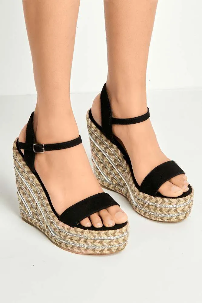 Imani Diamante Detailed Anklestrap Wedges in Black