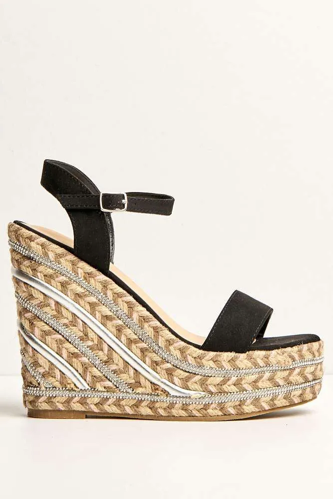 Imani Diamante Detailed Anklestrap Wedges in Black