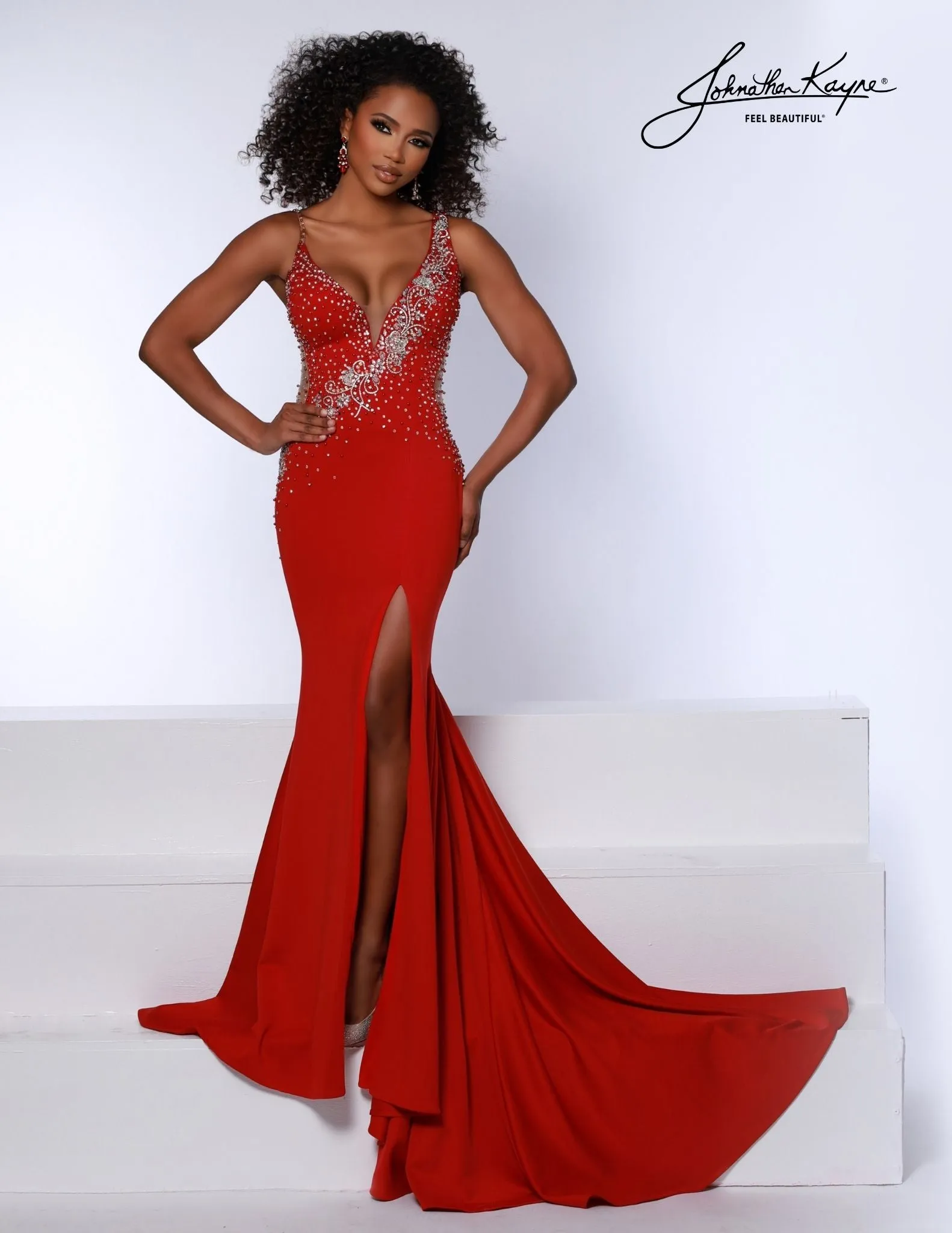 Johnathan Kayne 2674  prom dress asymmetrical straps and sheer sides on the bodice