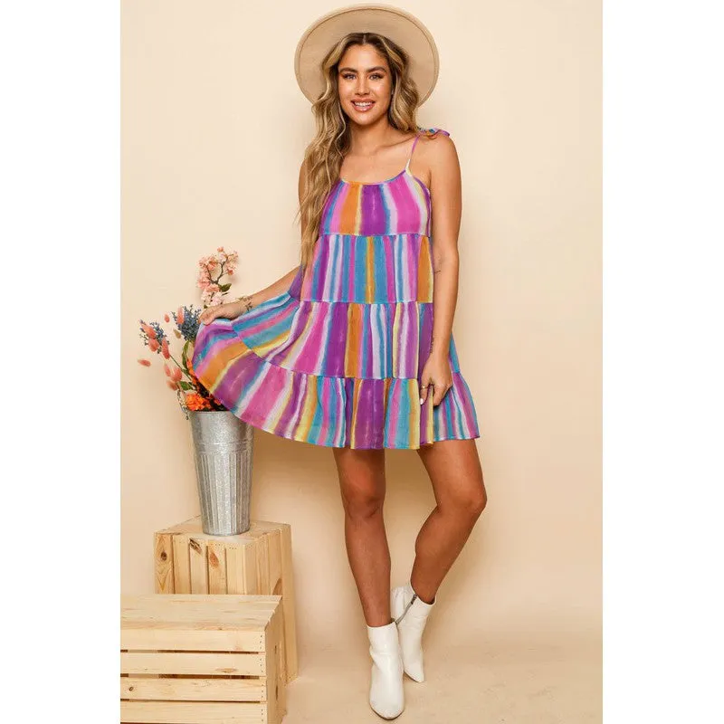 Just a Tier-ade Mini Dress in Aqua, Purple and Yellow