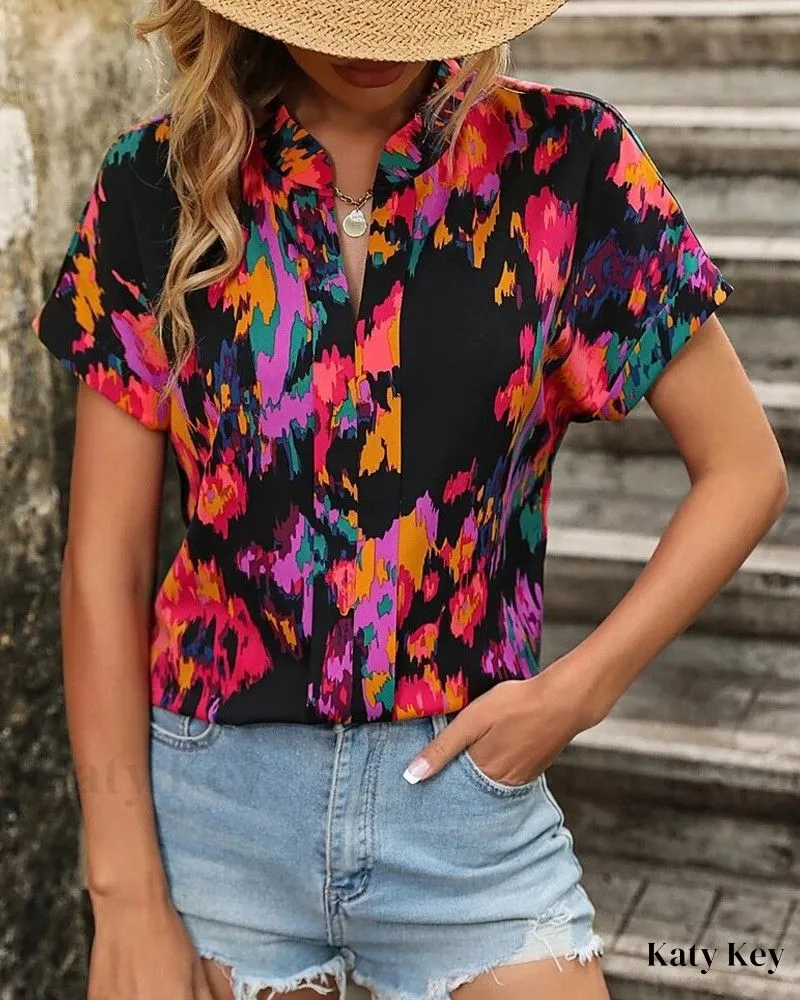 KatyKey - Artistically Inspired Abstract Print Notch Neck Blouse for a Sophisticated Casual Look
