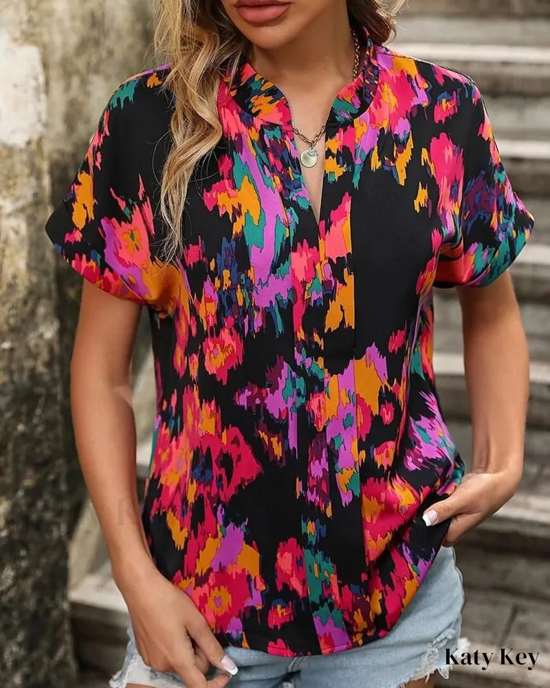 KatyKey - Artistically Inspired Abstract Print Notch Neck Blouse for a Sophisticated Casual Look