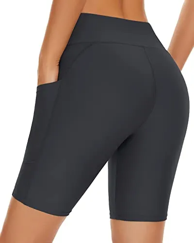 Long Boy Shorts Bathing Suit Shorts Pockets Long Swim Shorts For Women-Grey