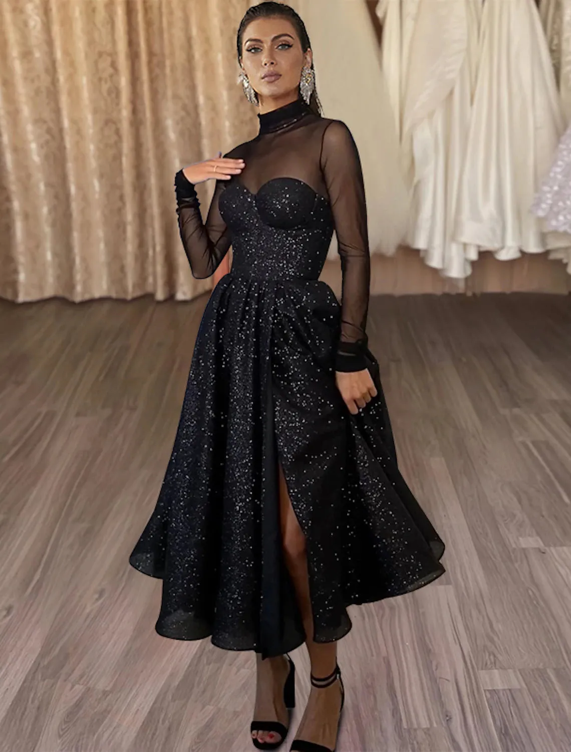 Luolandi A-Line Cocktail Dresses Sparkle & Shine Dress Wedding Guest Party Wear Tea Length Long Sleeve High Neck Wednesday Addams Family Tulle