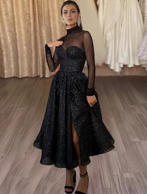 Luolandi A-Line Cocktail Dresses Sparkle & Shine Dress Wedding Guest Party Wear Tea Length Long Sleeve High Neck Wednesday Addams Family Tulle