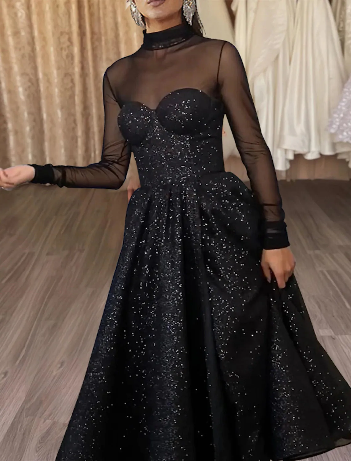 Luolandi A-Line Cocktail Dresses Sparkle & Shine Dress Wedding Guest Party Wear Tea Length Long Sleeve High Neck Wednesday Addams Family Tulle