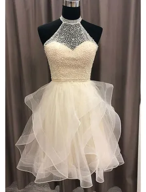Luolandi A-Line Homecoming Dresses Sparkle & Shine Dress Holiday Short / Mini Sleeveless Halter Organza Backless